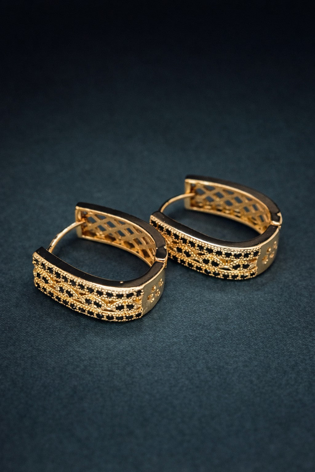 18K Gold Hoop U Shaped Earrings Black Cubic Zirconia1