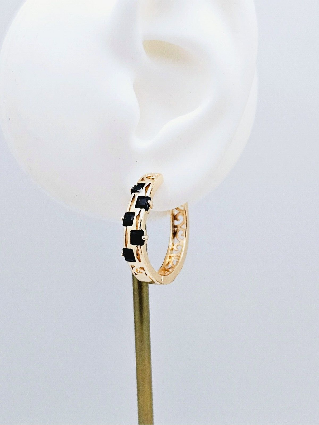 18K Gold Plated Emerald Cut Hoop Earrings with Black Cubic Zirconia3