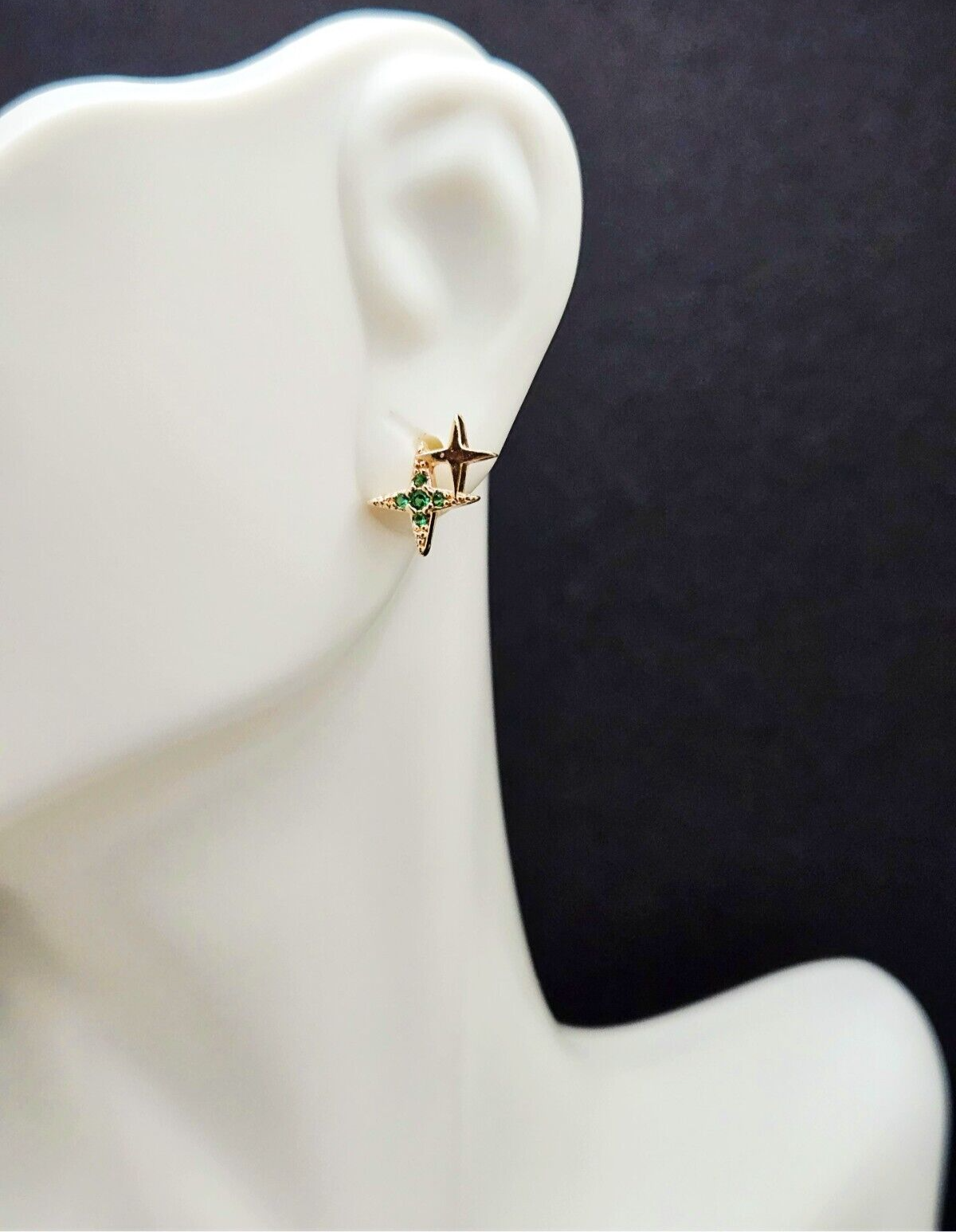 18K Gold Plated Star Stud Earrings, Double Star Earrings, Emerald Stud Earrings3