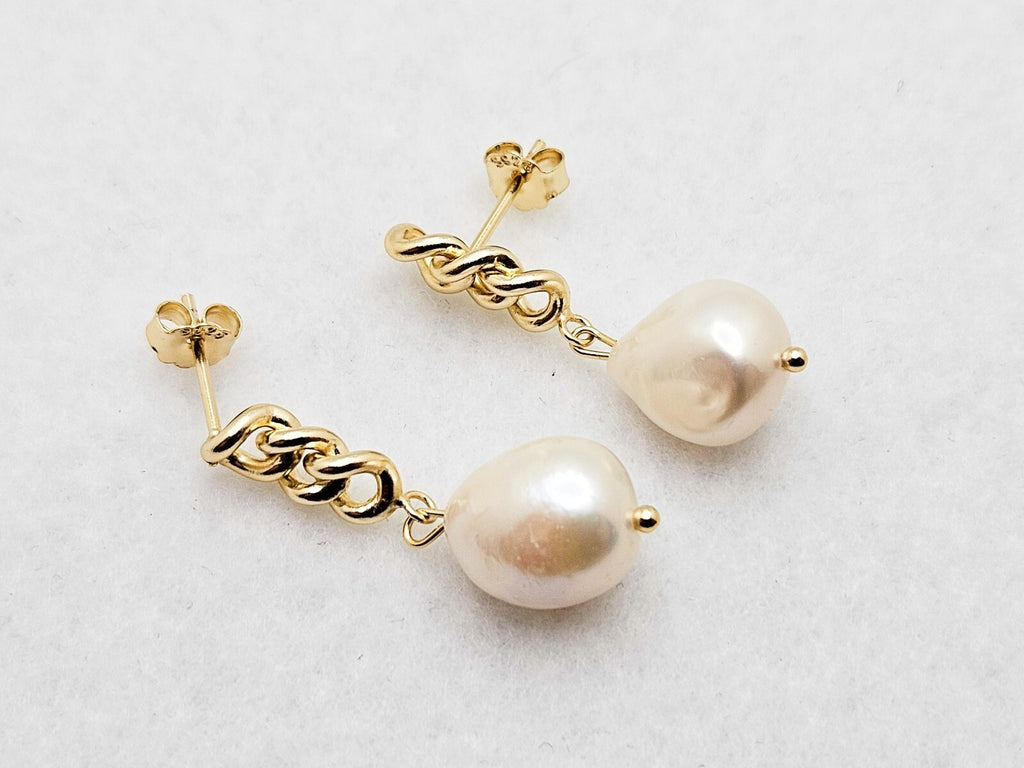 14K Gold Plated Freshwater Pearls Stud Drop Earrings with Cuban Link5