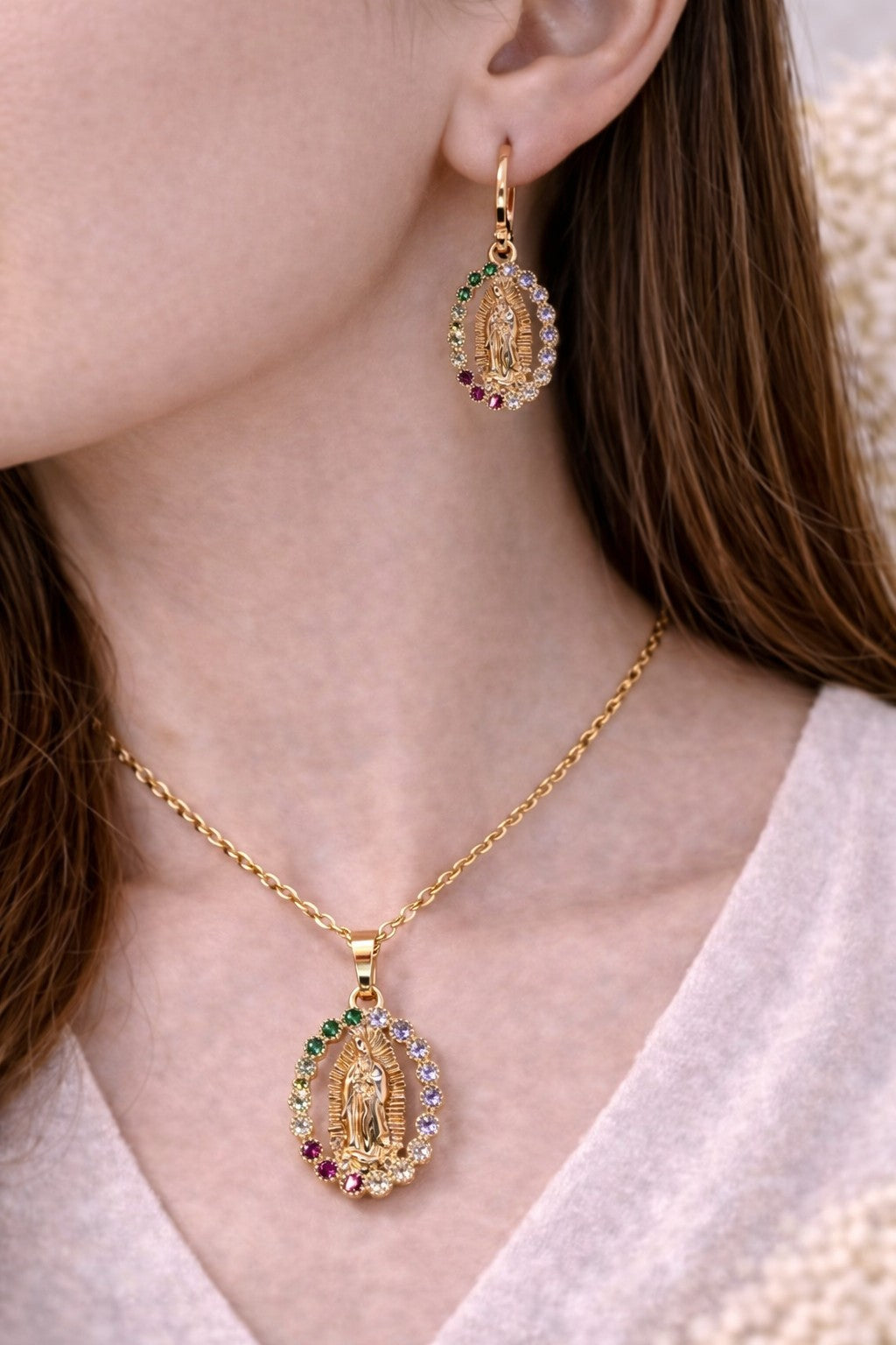 18K Gold Plated Virgin Mary Necklace & Earrings Set Multi Color CZ Religious 3