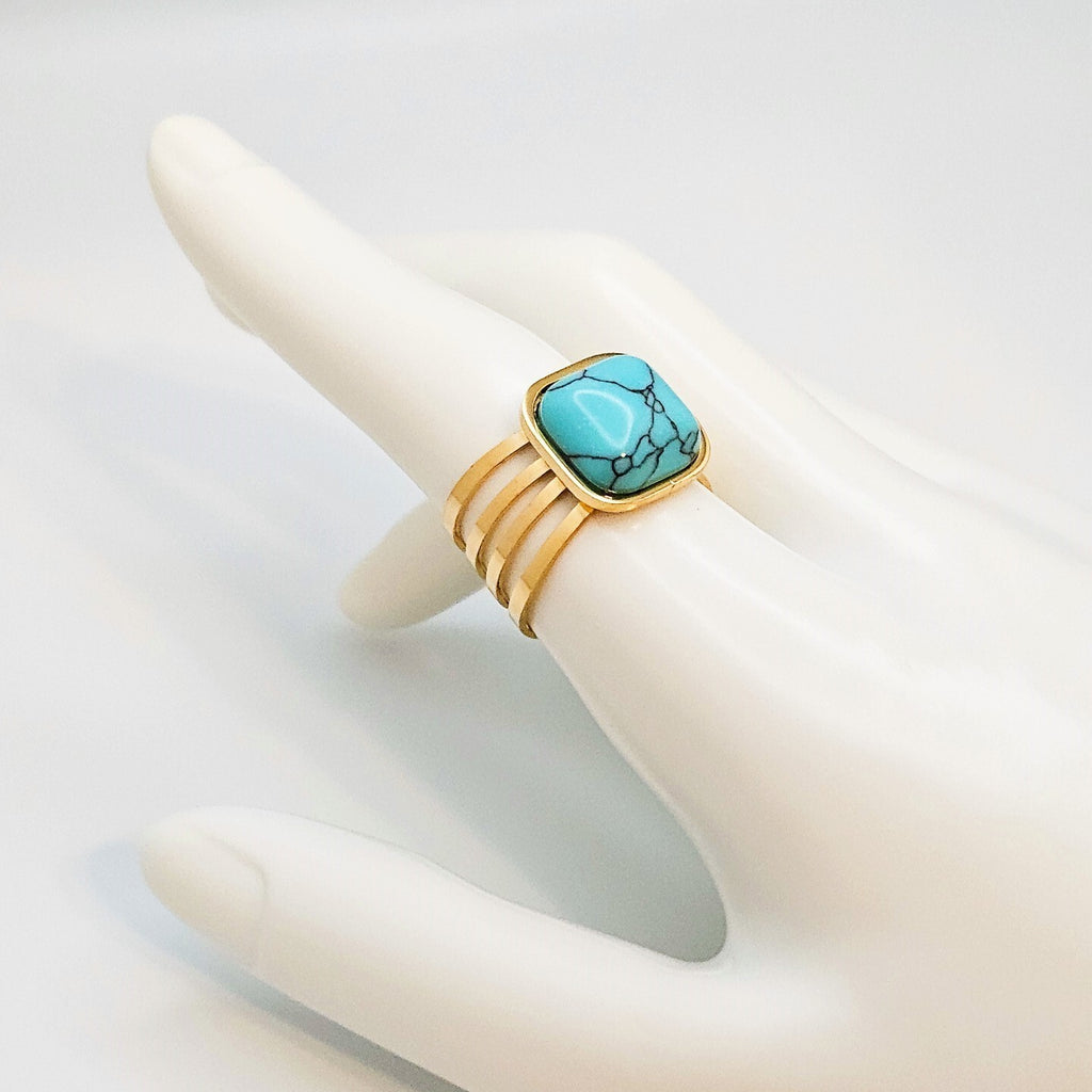 New Trend 18K Gold Plated Open Turquoise Stone Adjustable Ring, Stainless Steel2