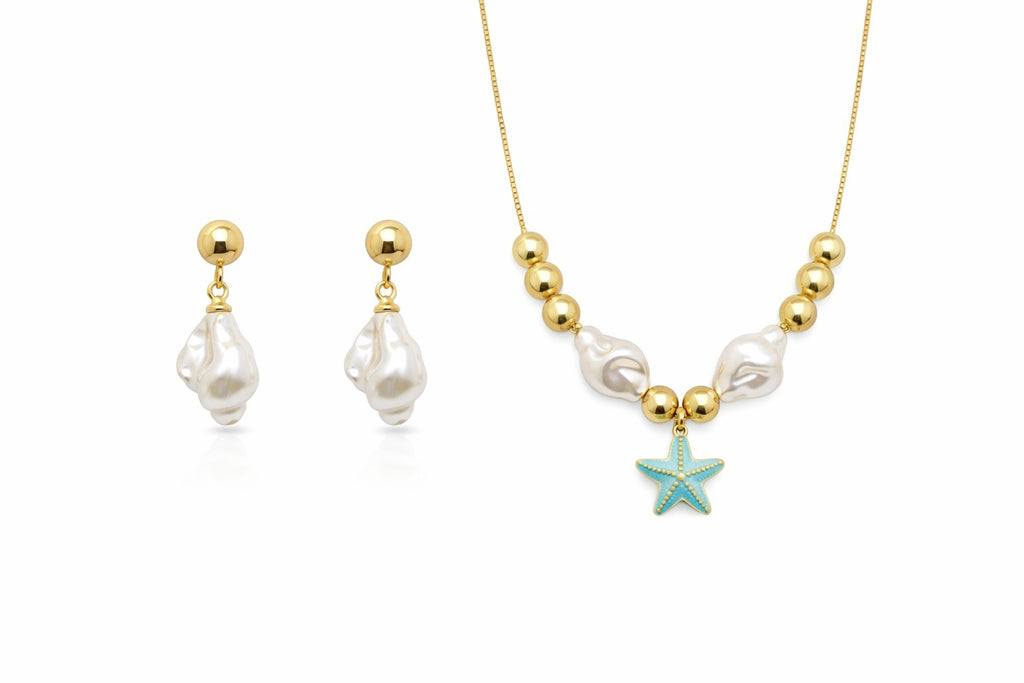 18K Gold Plated Pearl Starfish Necklace & Earrings Set Adjustable Choker for Her0