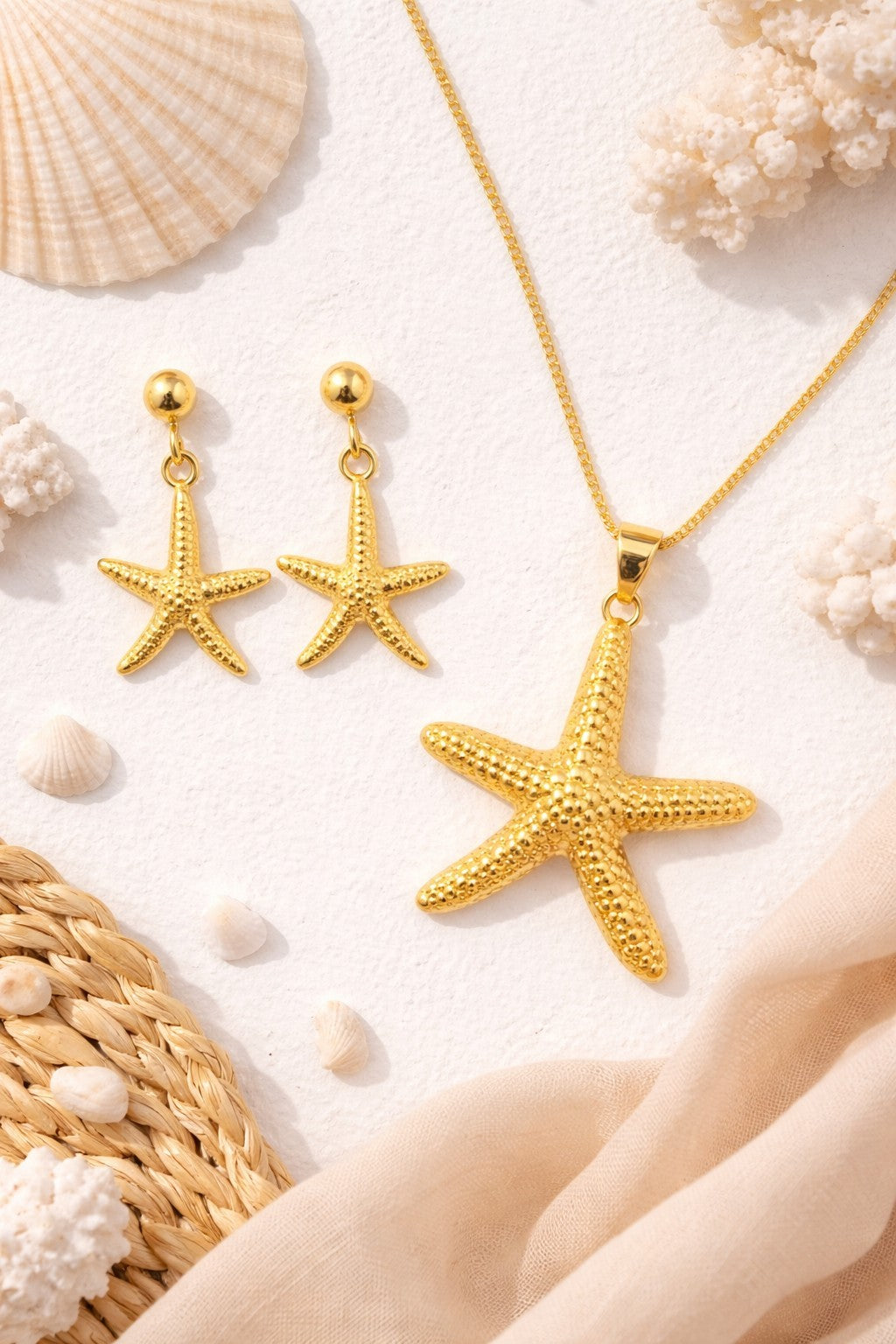 18K Gold Plated Starfish Jewelry Set Dainty Earrings & Chunky Pendant Necklace6