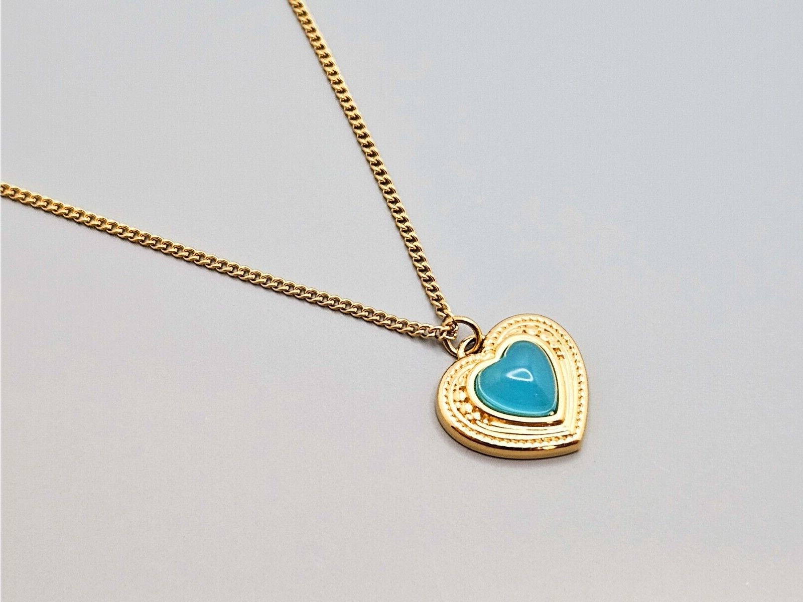 18K Gold Plated Stainless Steel Heart Pendant Necklace, Heart Turquoise Stone0