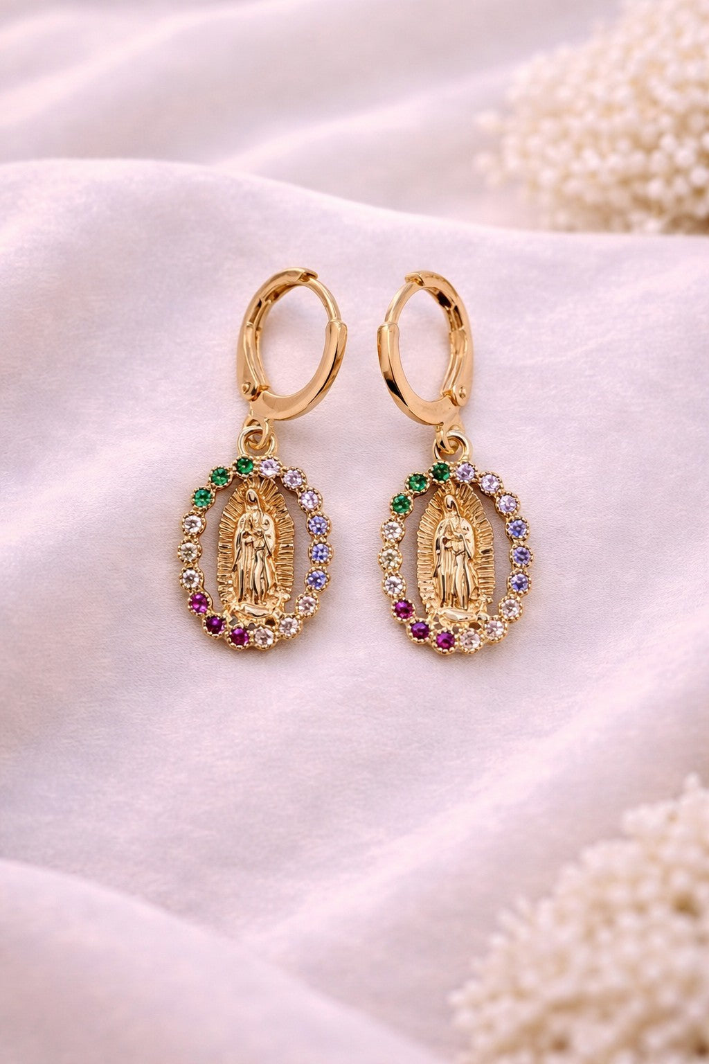 18K Gold Plated Virgin Mary Necklace & Earrings Set Multi Color CZ Religious 2