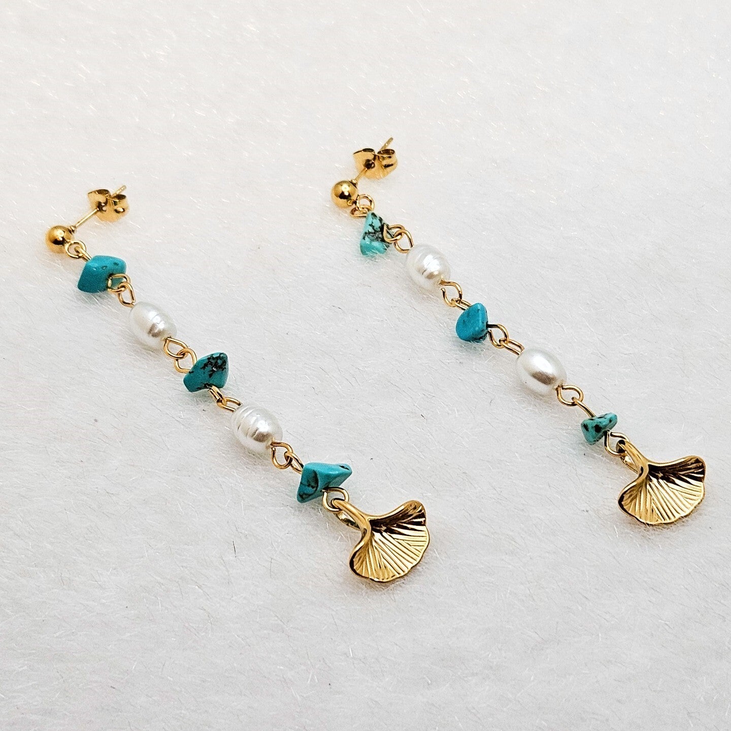 18K Gold Plated Natural Turquoise and Pearl Tassel Drop Earrings for Women2