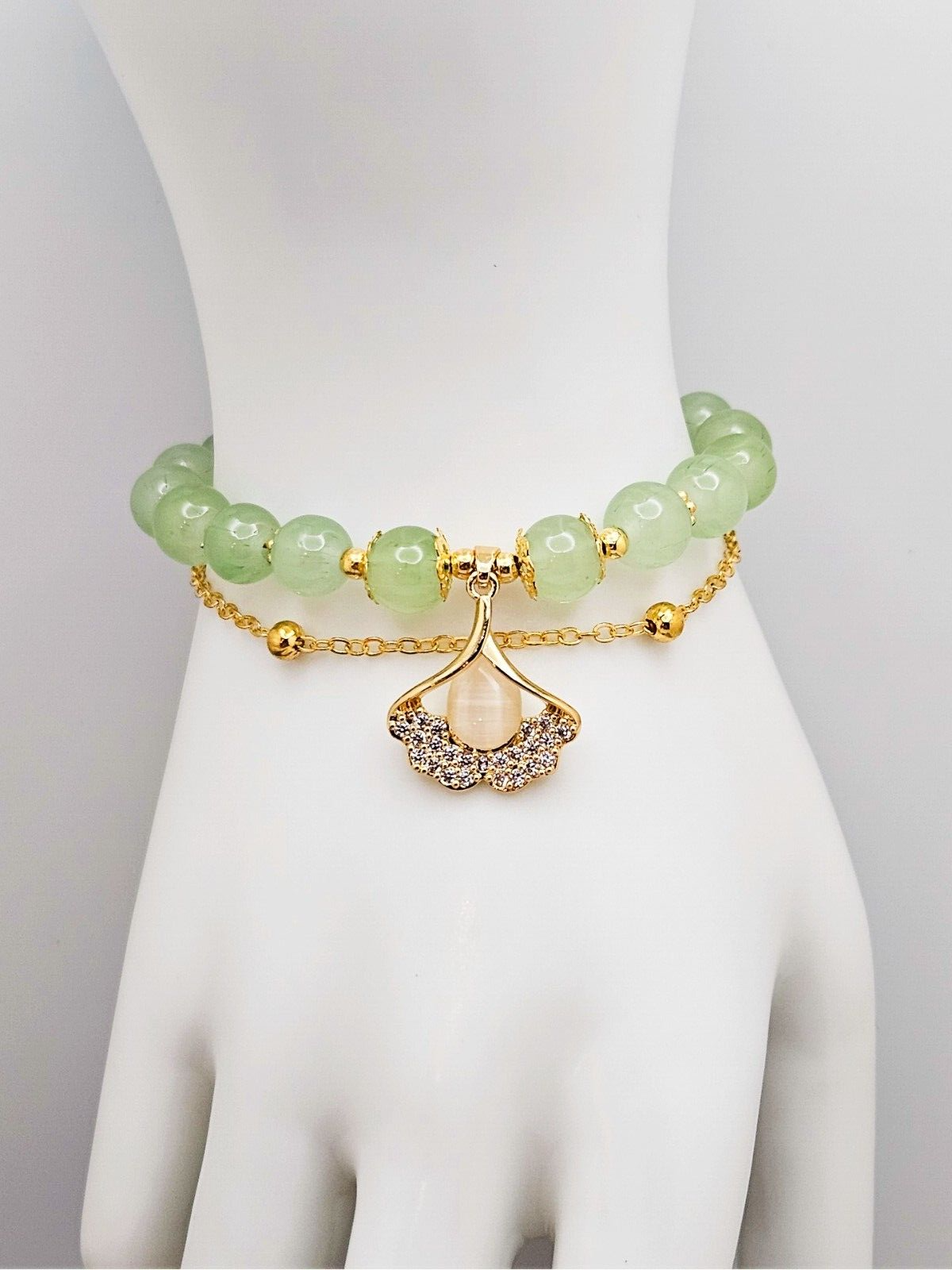 Jade Beaded Bracelet with Leaf Charm, Adjustable Double Layer Gold Link Jewelry4