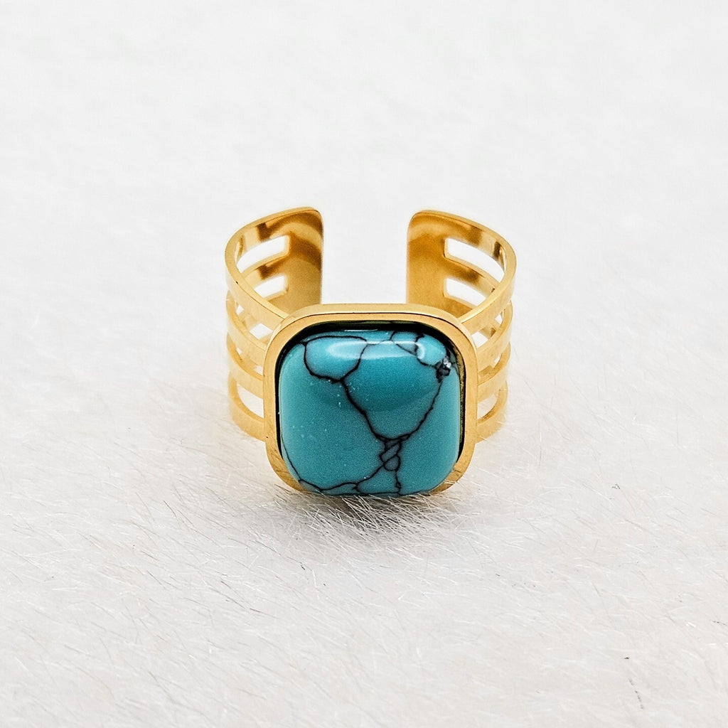 New Trend 18K Gold Plated Open Turquoise Stone Adjustable Ring, Stainless Steel0