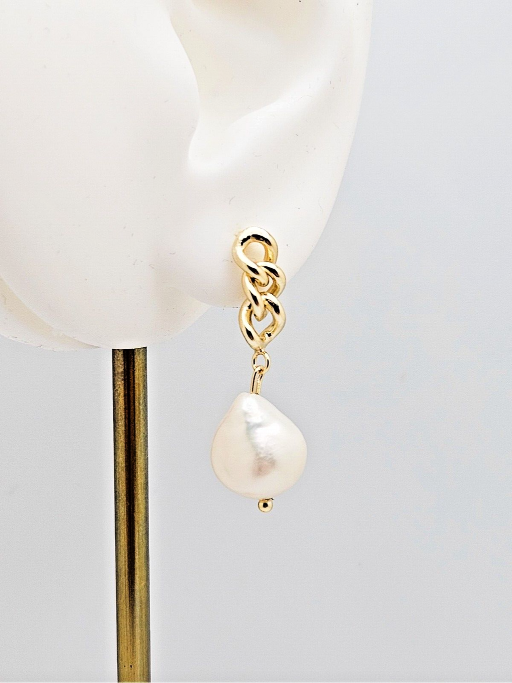 14K Gold Plated Freshwater Pearls Stud Drop Earrings with Cuban Link3