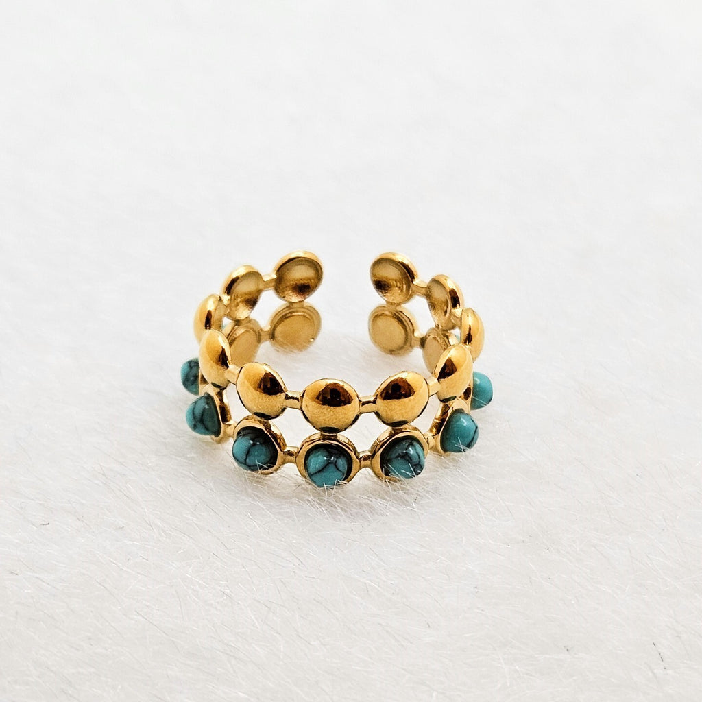 18K Gold Plated Double Layer Turquoise Open Adjustable Ring, Stainless Steel.0