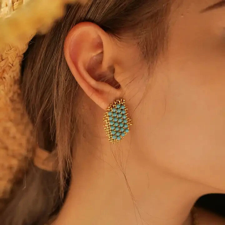 18K Gold Plated Design Turquoise Stone Stud Earrings, Chic Jewelry for Women5
