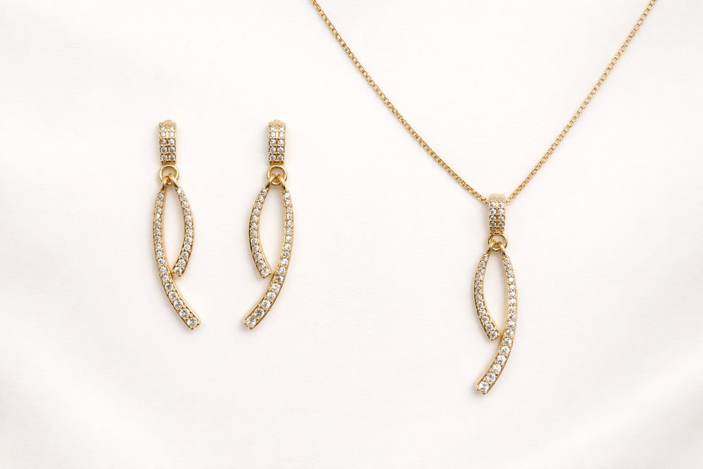 18K Gold Plated Brass CZ Necklace And Dangle Earrings Set Free Moving Design0