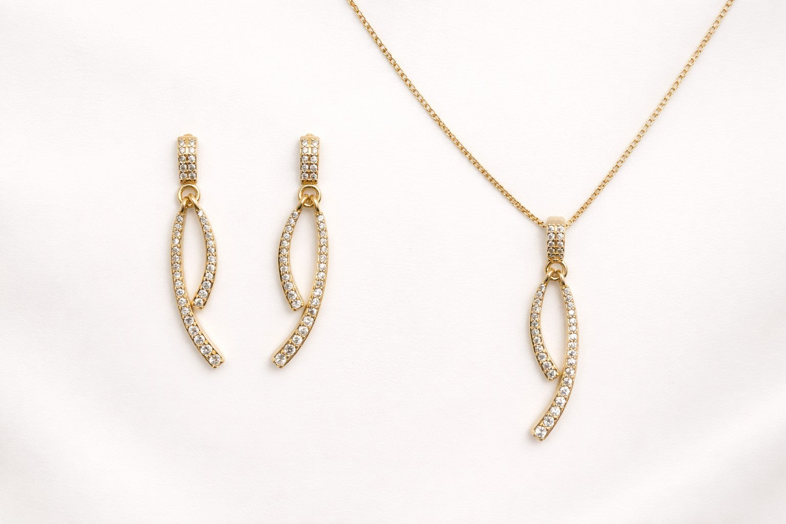 18K Gold Plated Brass CZ Necklace And Dangle Earrings Set Free Moving Design0
