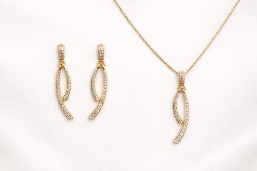18K Gold Plated Brass CZ Necklace And Dangle Earrings Set Free Moving Design0