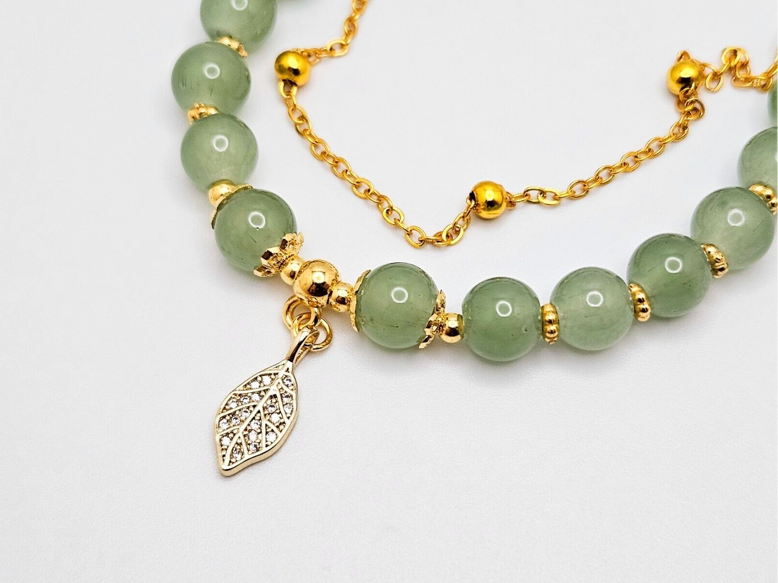 Double Layer Jade Beads Bracelet with Small Gold Plated Pave Leaf Charm1