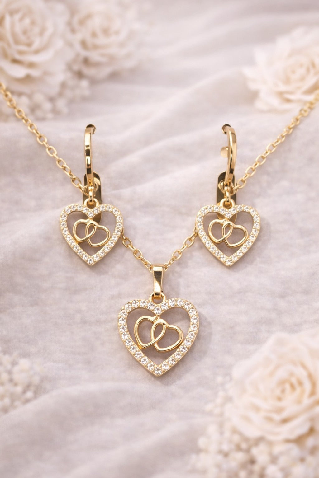 18K Gold Plated Double Heart CZ Jewelry Set Necklace & Earrings Gift0