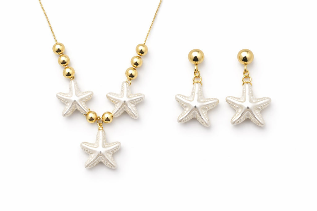 18K Gold Plated Starfish Jewelry Set Faux Pearl Necklace & Earrings Adjustable0