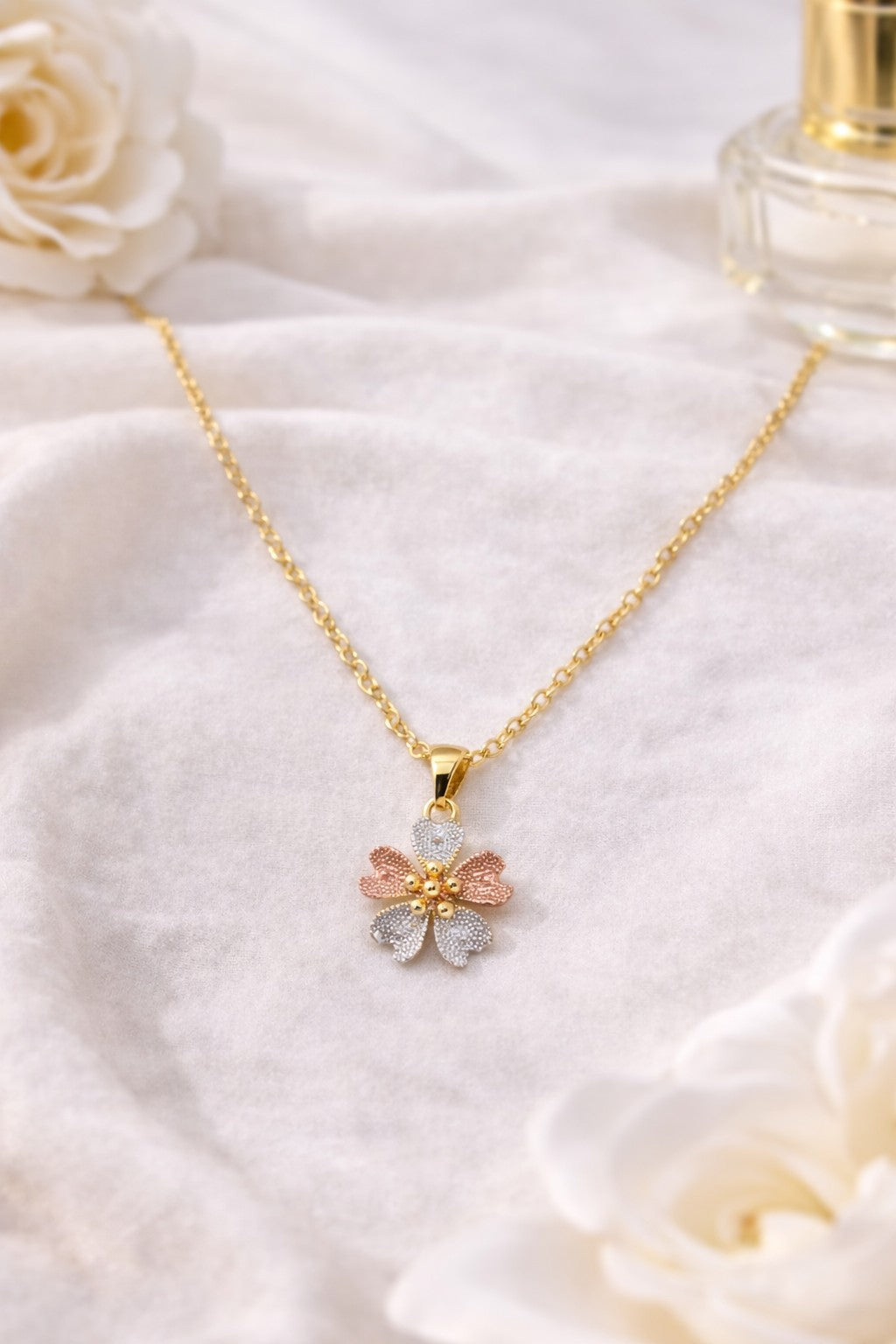 18K Gold Plated Tri-Color Flower Jewelry Set Necklace & Stud Earrings for her1
