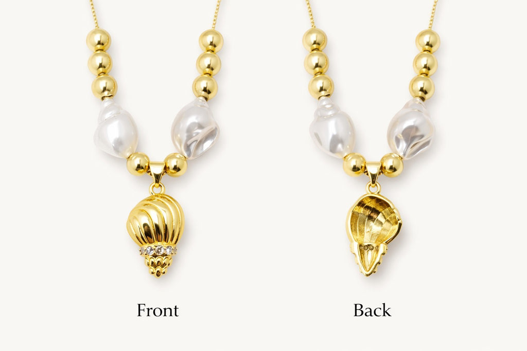 18K Gold Plated Seashell Necklace Earrings Set CZ Pendant Faux Pearl Adjustable1