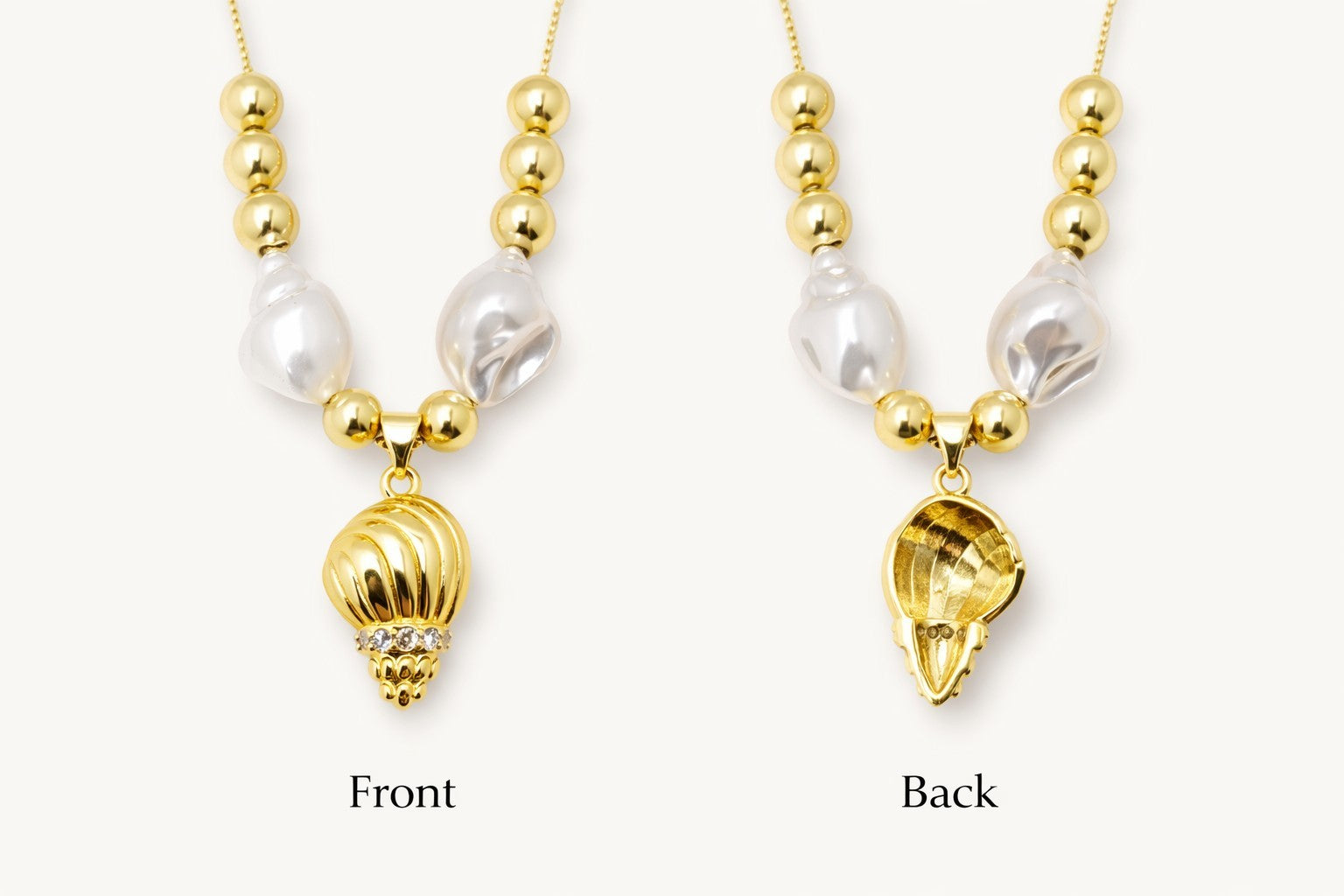 18K Gold Plated Seashell Necklace Earrings Set CZ Pendant Faux Pearl Adjustable1