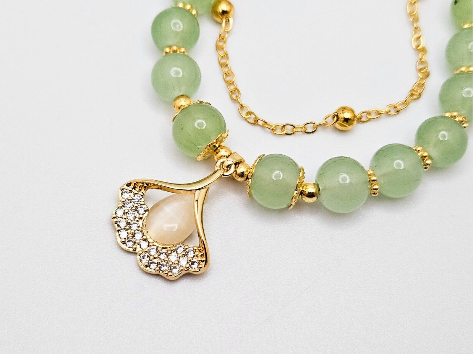 Jade Beaded Bracelet with Leaf Charm, Adjustable Double Layer Gold Link Jewelry2