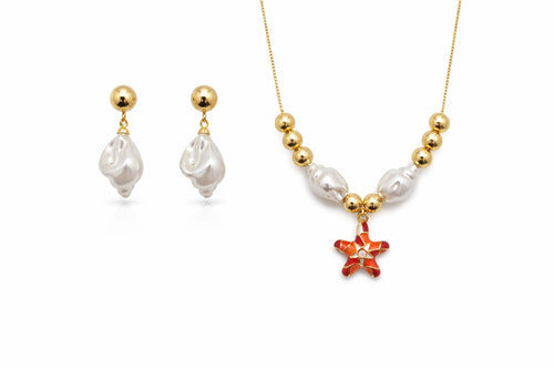 18K Gold Plated Coral Starfish Pearl Necklace &Earrings Set Adjustable 18”0