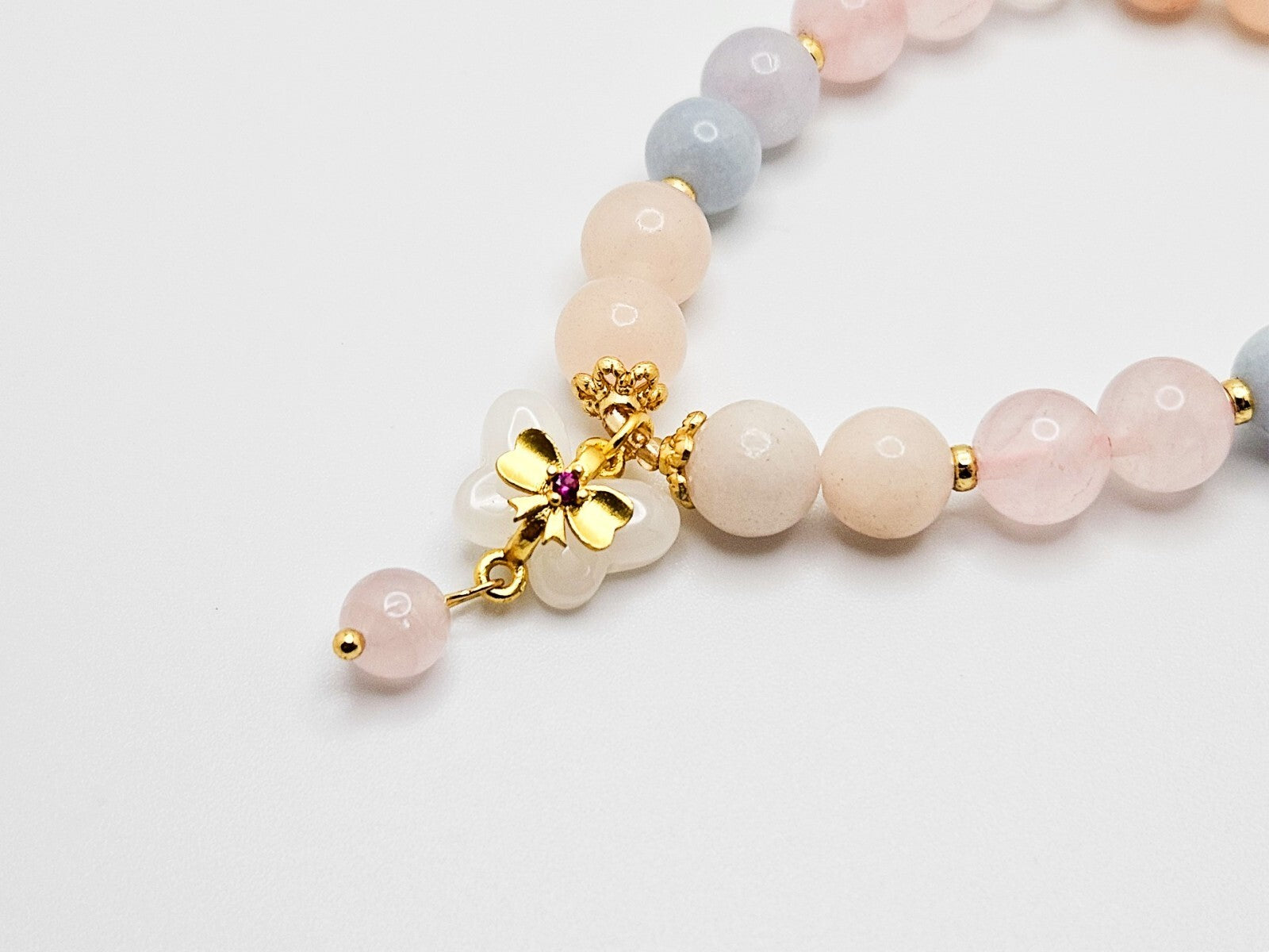 Natural Crystal Candy Color Stone Beads Bracelet, Pink Morganite Butterfly Charm2