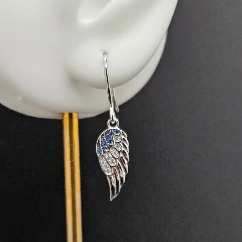 925 Sterling Silver Blue Gem Angel Wings Drop Earrings2