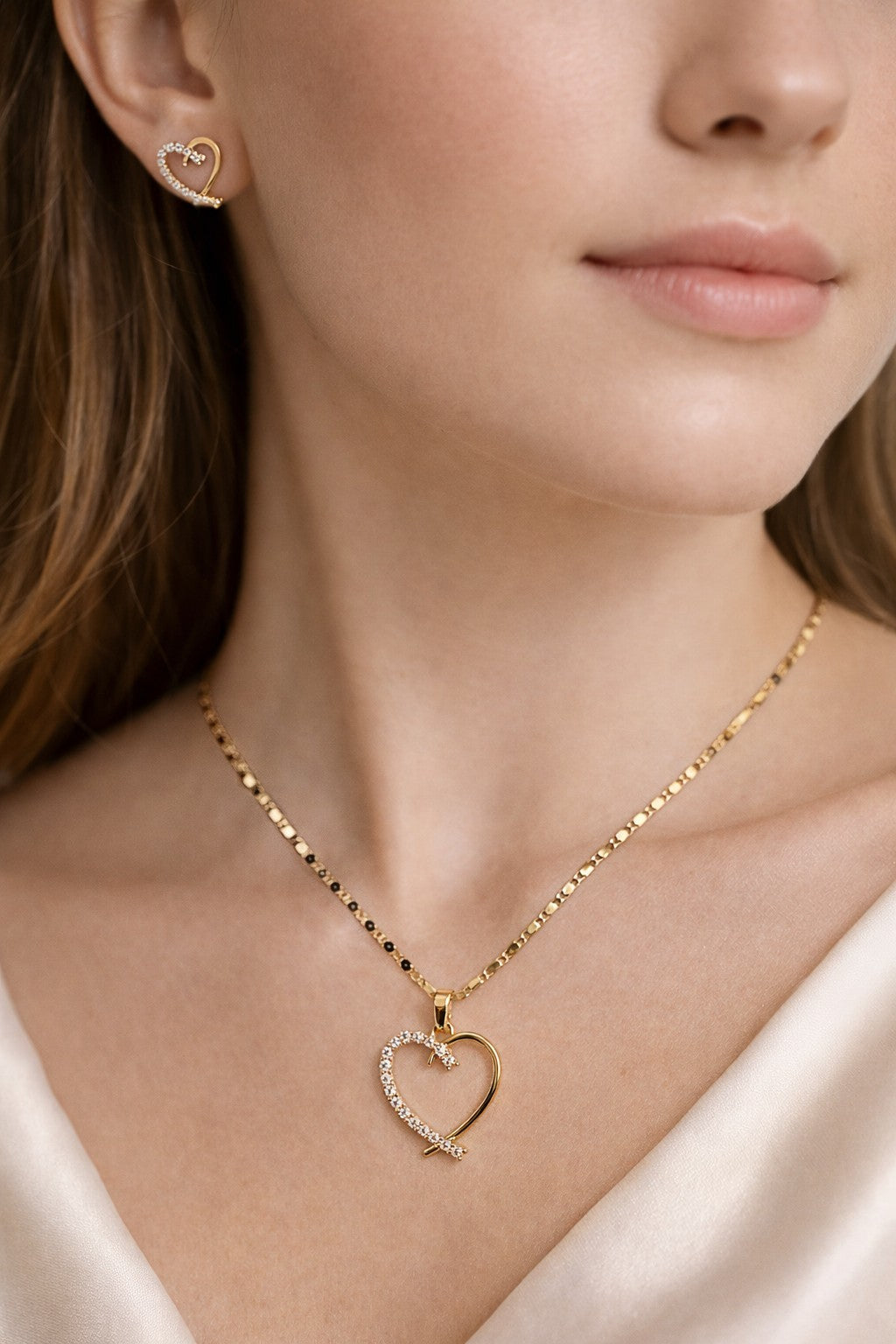 18K Gold Plated Heart Jewelry Set CZ Necklace 18" And Stud Earrings Gift3
