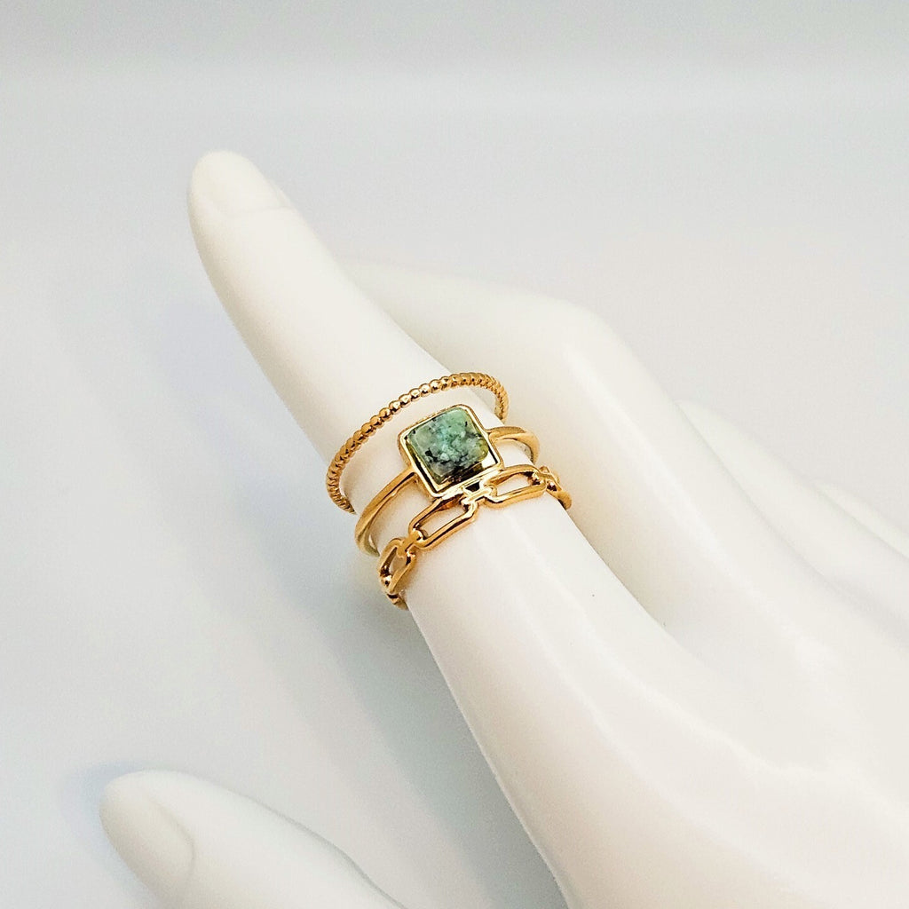 18K Gold Plated Stainless Steel Open Ring Green Marble Stone Adjustable 5