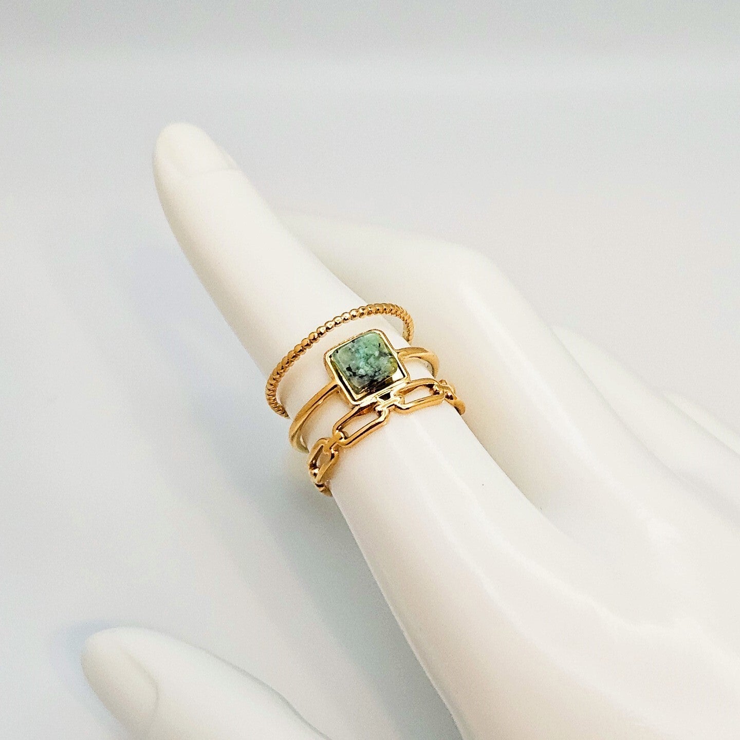 18K Gold Plated Stainless Steel Open Ring Green Marble Stone Adjustable 5