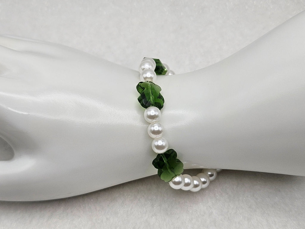 Green Flower Faux Pearl Bracelet for Women 18K Gold Plated Beaded Jewelry0