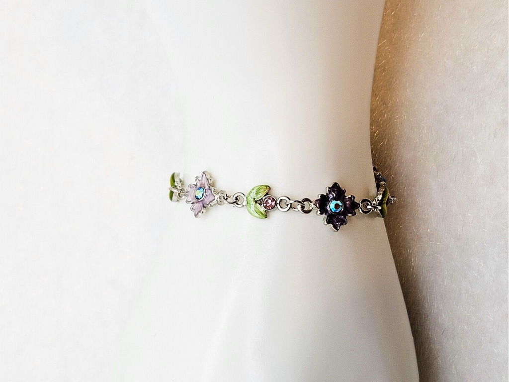 Enamel Multicolor Rhinestone Flower and Leaf Design, Silver Link Chain Bracelet3