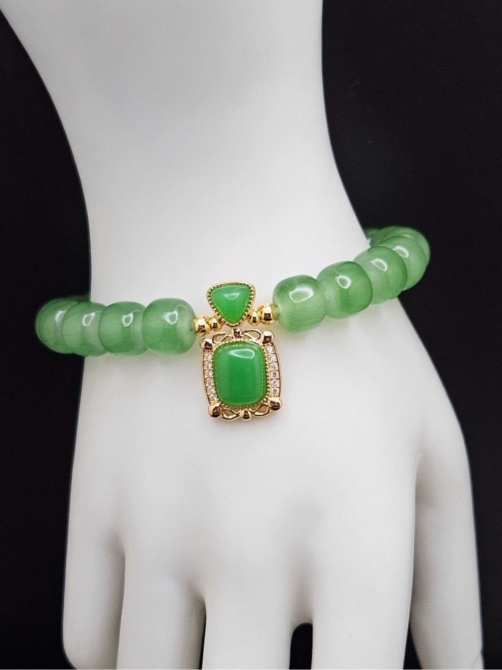 Jade Crystal Stone Beaded Bracelet with Zircon Square Dangle Charms3