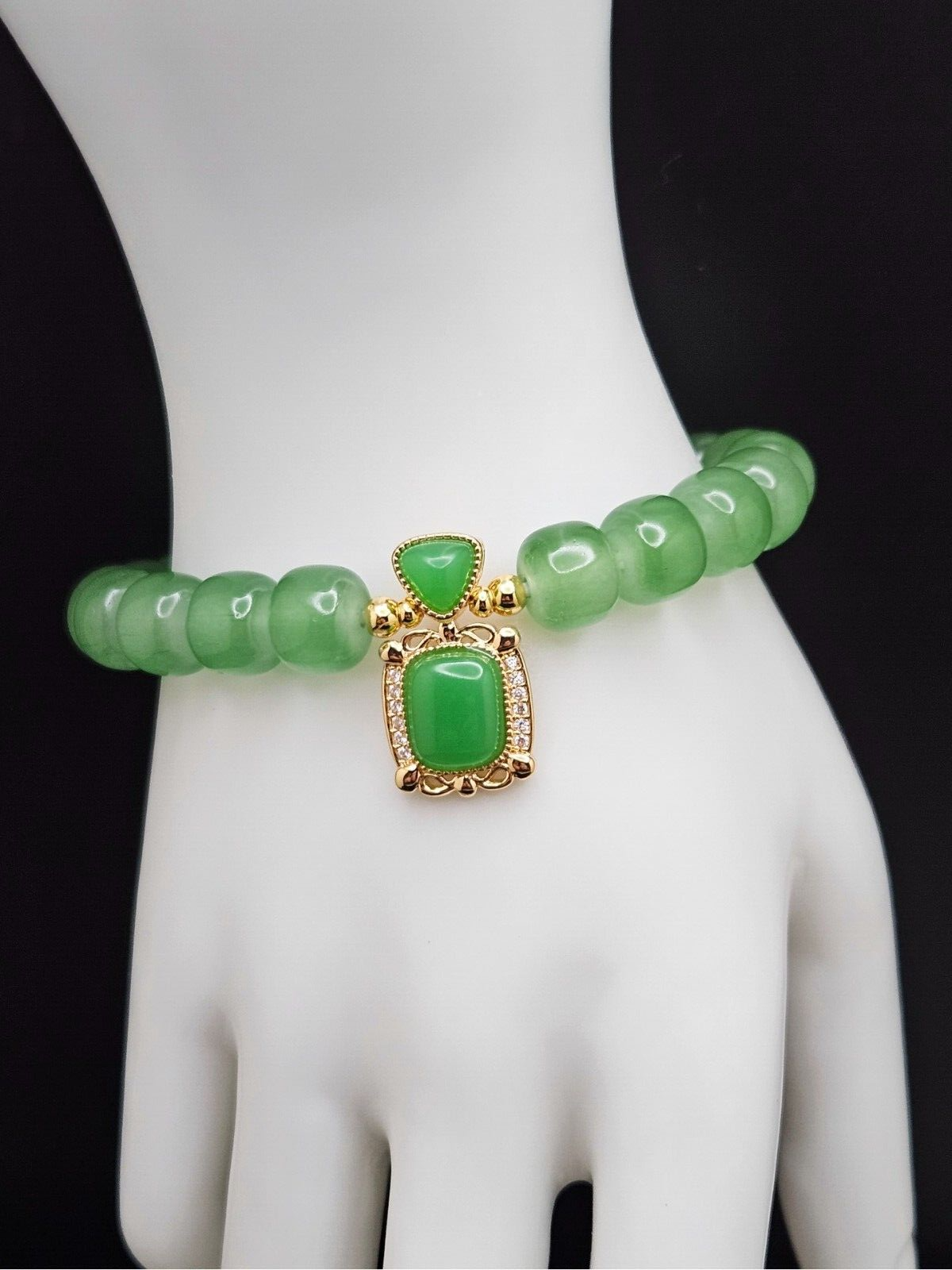 Jade Crystal Stone Beaded Bracelet with Zircon Square Dangle Charms3