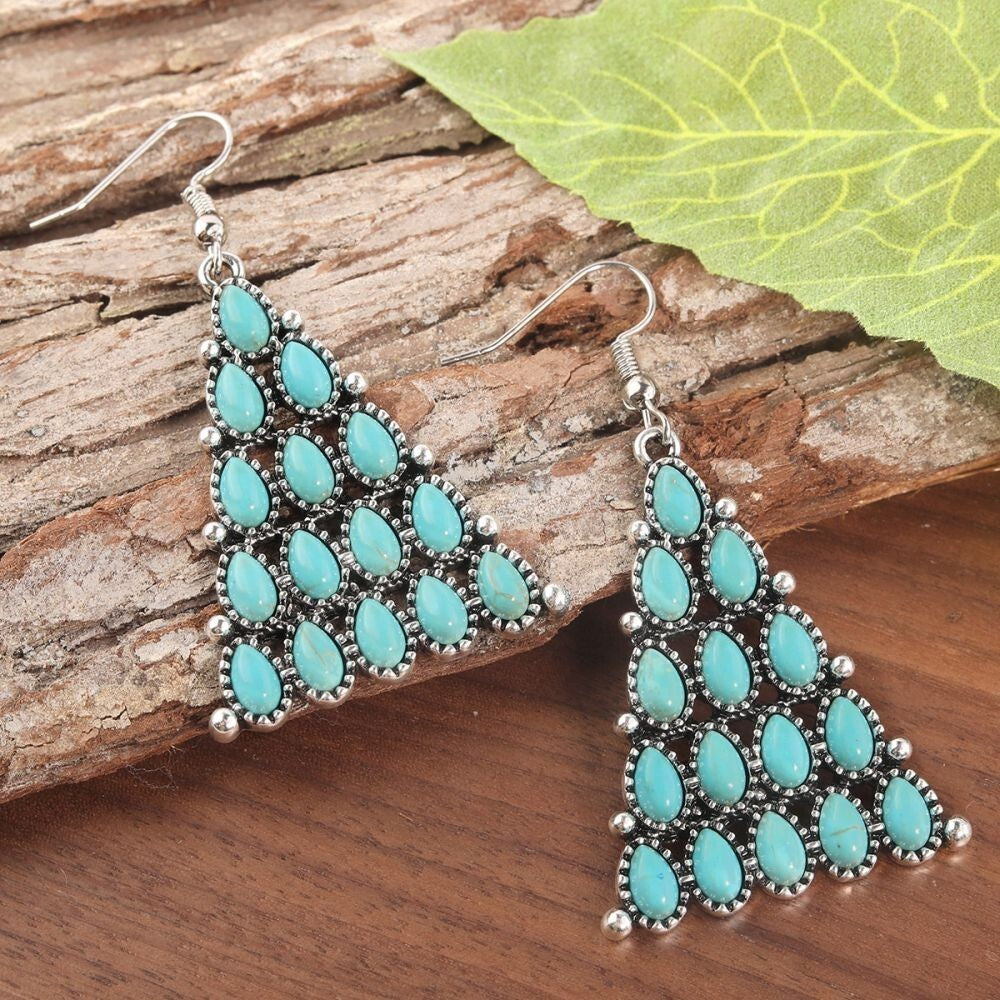 Silver Plated Turquoise Concho Drop Dangle Earrings, Geometric Design Earrings1