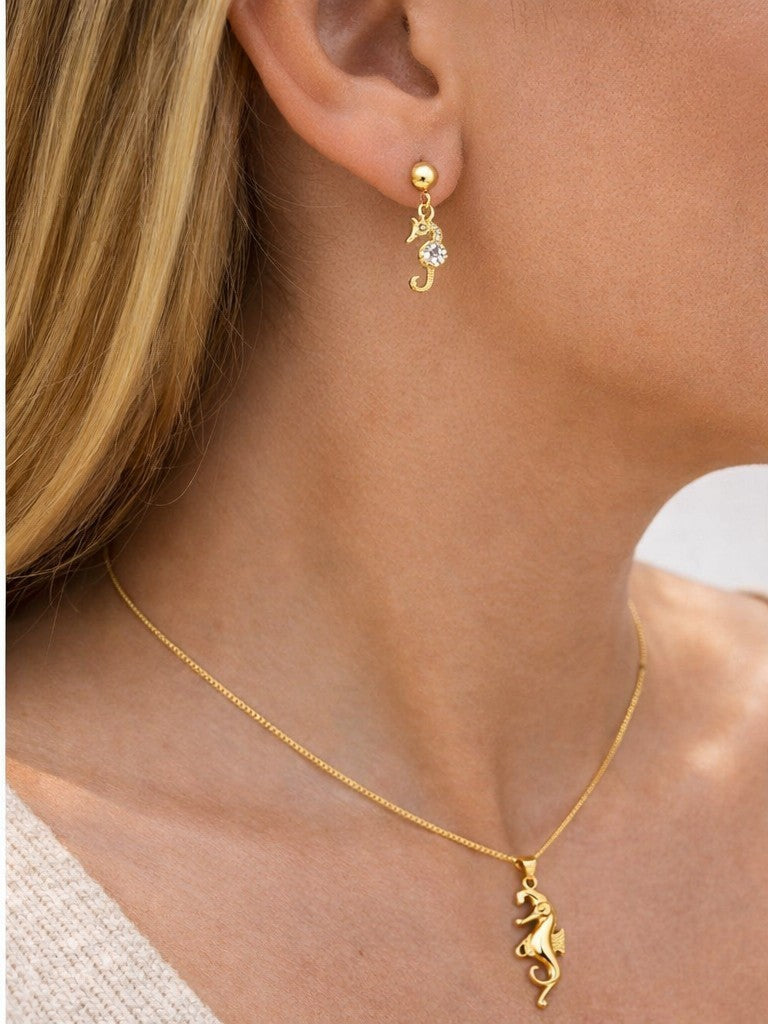 18K Gold Plated Seahorse CZ Necklace & Earrings Set Ocean Jewelry Gift for Her3