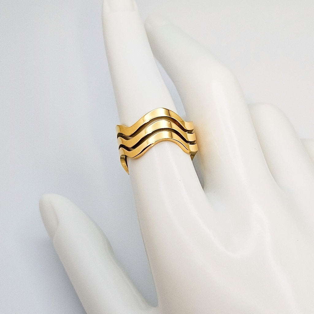 18K Gold Plated Chunky Three Layer Wave Open Ring, Stainless Steel Jewelry5