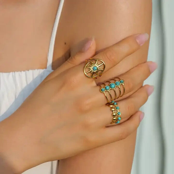 18K Gold Plated Double Layer Turquoise Open Adjustable Ring, Stainless Steel.5