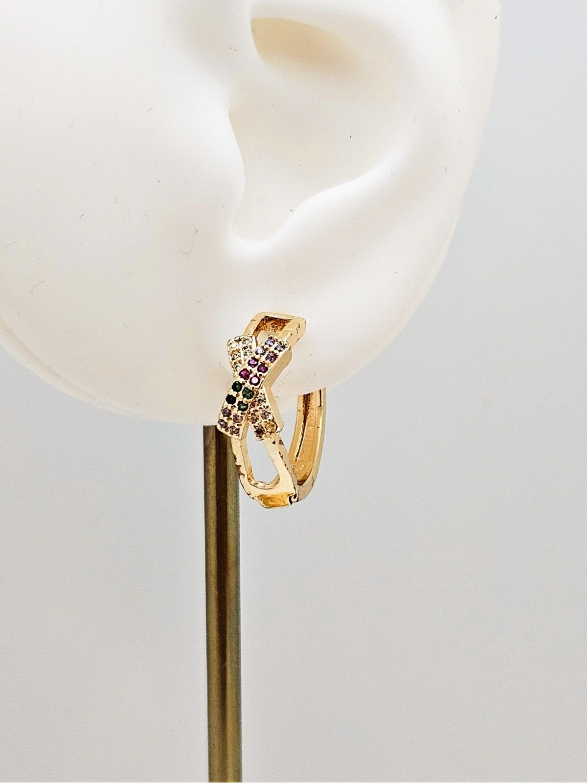 18K Gold Plated Ribbon Design Hoop Earrings, Multi-Color Cubic Zirconia Hoops3