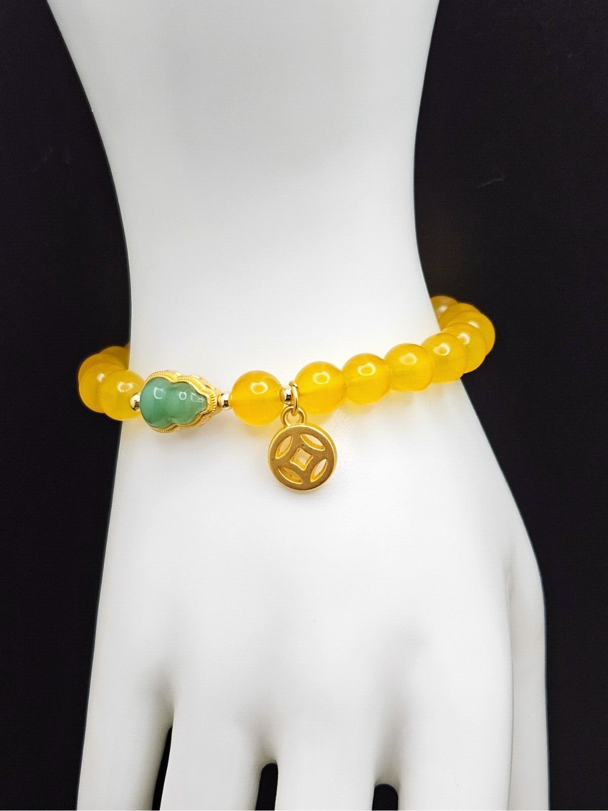 Natural Yellow Agate Beaded Bracelet, Gourd Shape Charms, Adjustable Bracelet3