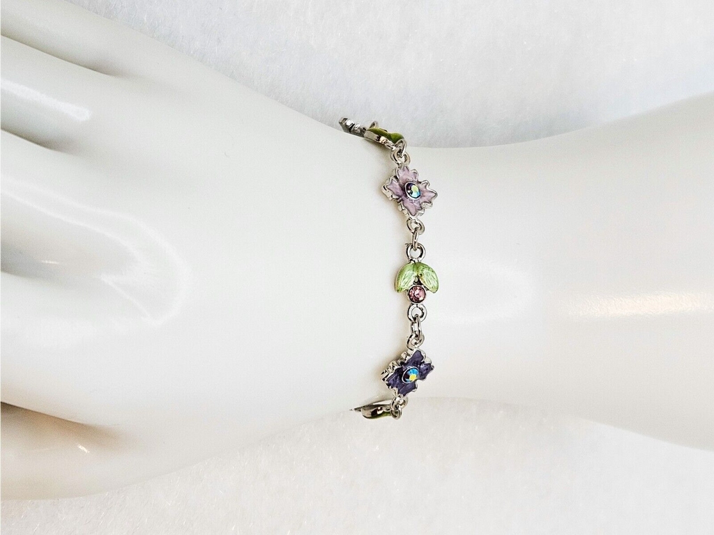 Enamel Multicolor Rhinestone Flower and Leaf Design, Silver Link Chain Bracelet2