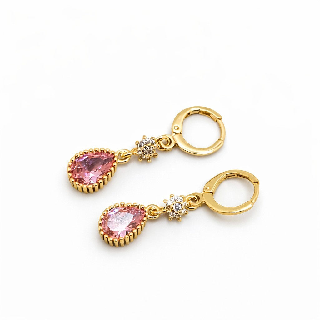 18K Gold Plated Huggie Drop Earrings with Pink Cubic Zirconia for Women1