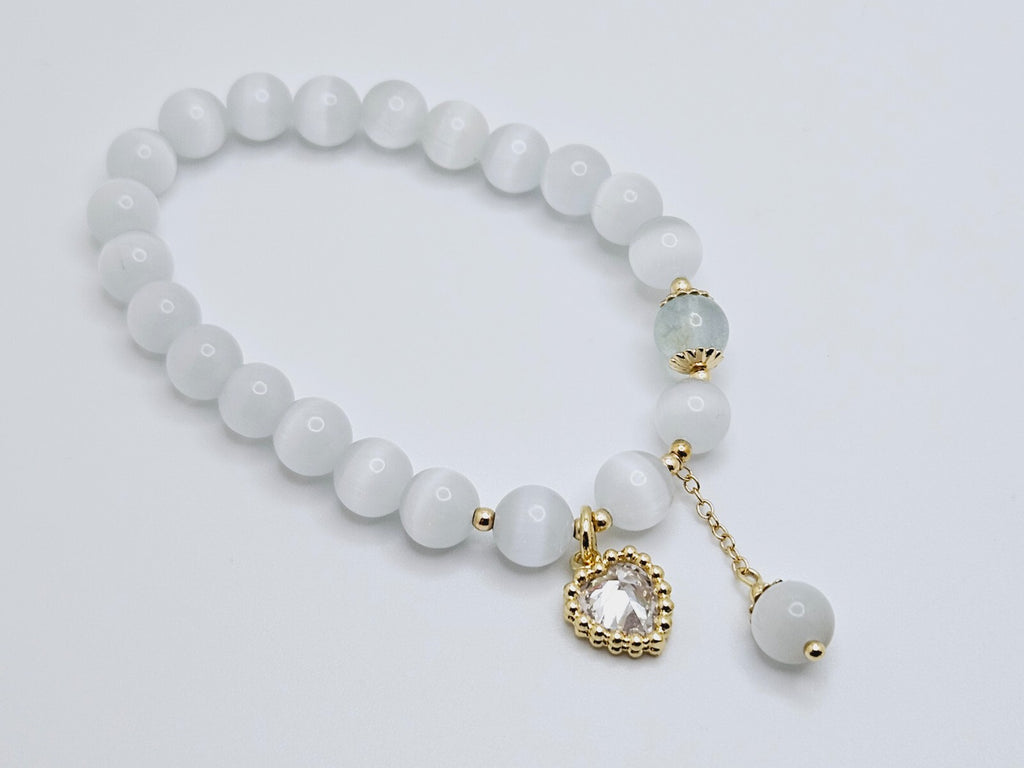 Opal Crystal Stone Beaded Bracelet with Dangle Heart and Ball Charms, For Women0
