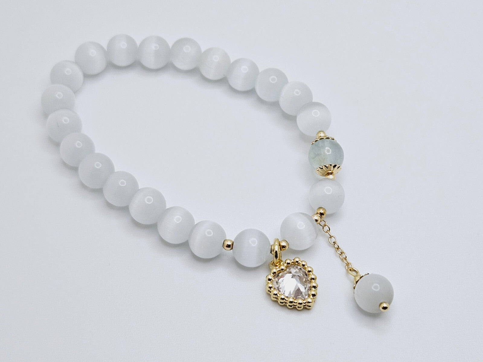 Opal Crystal Stone Beaded Bracelet with Dangle Heart and Ball Charms, For Women0