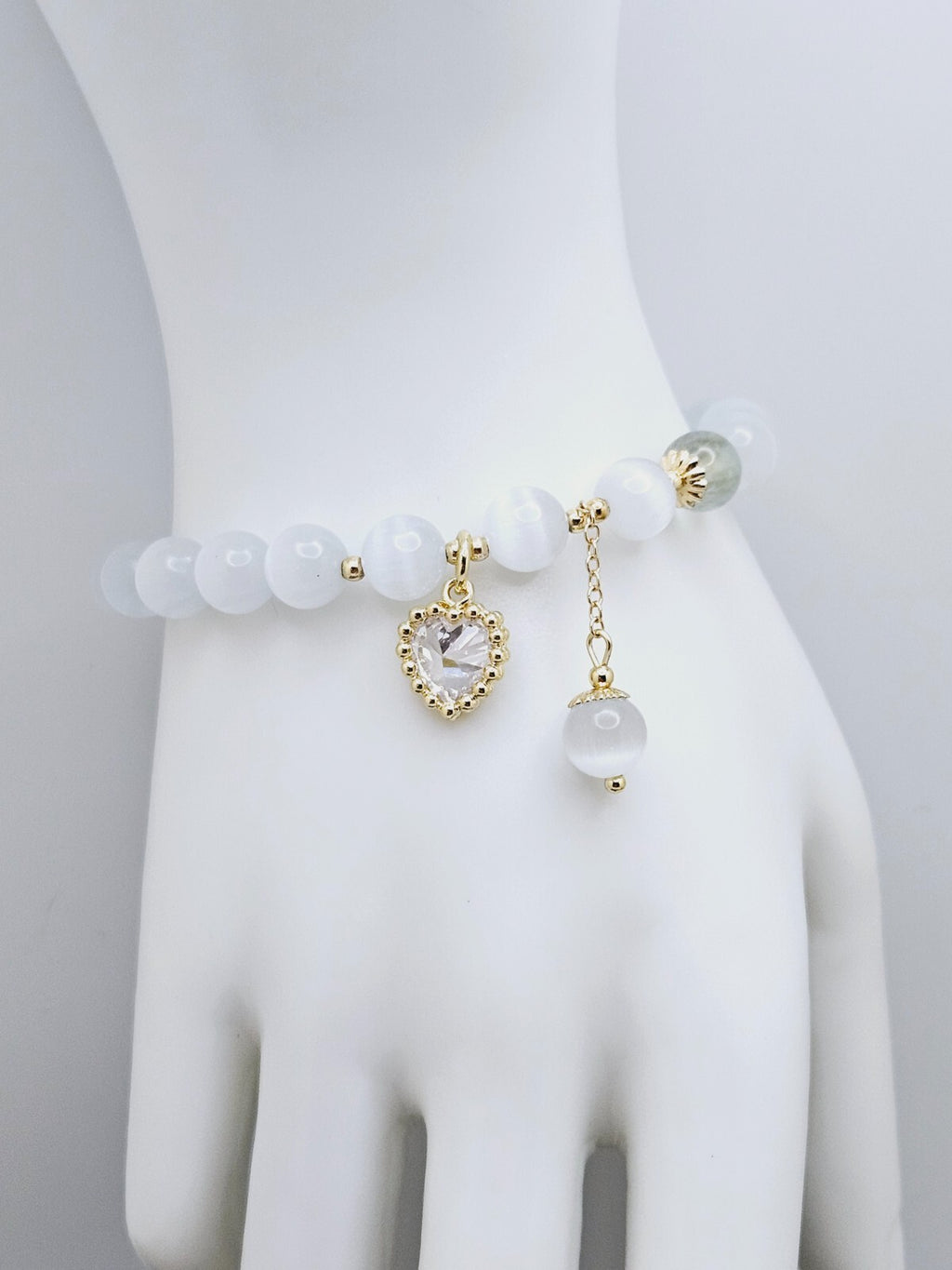 Opal Crystal Stone Beaded Bracelet with Dangle Heart and Ball Charms, For Women4