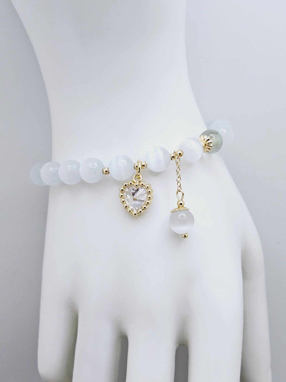 Opal Crystal Stone Beaded Bracelet with Dangle Heart and Ball Charms, For Women4