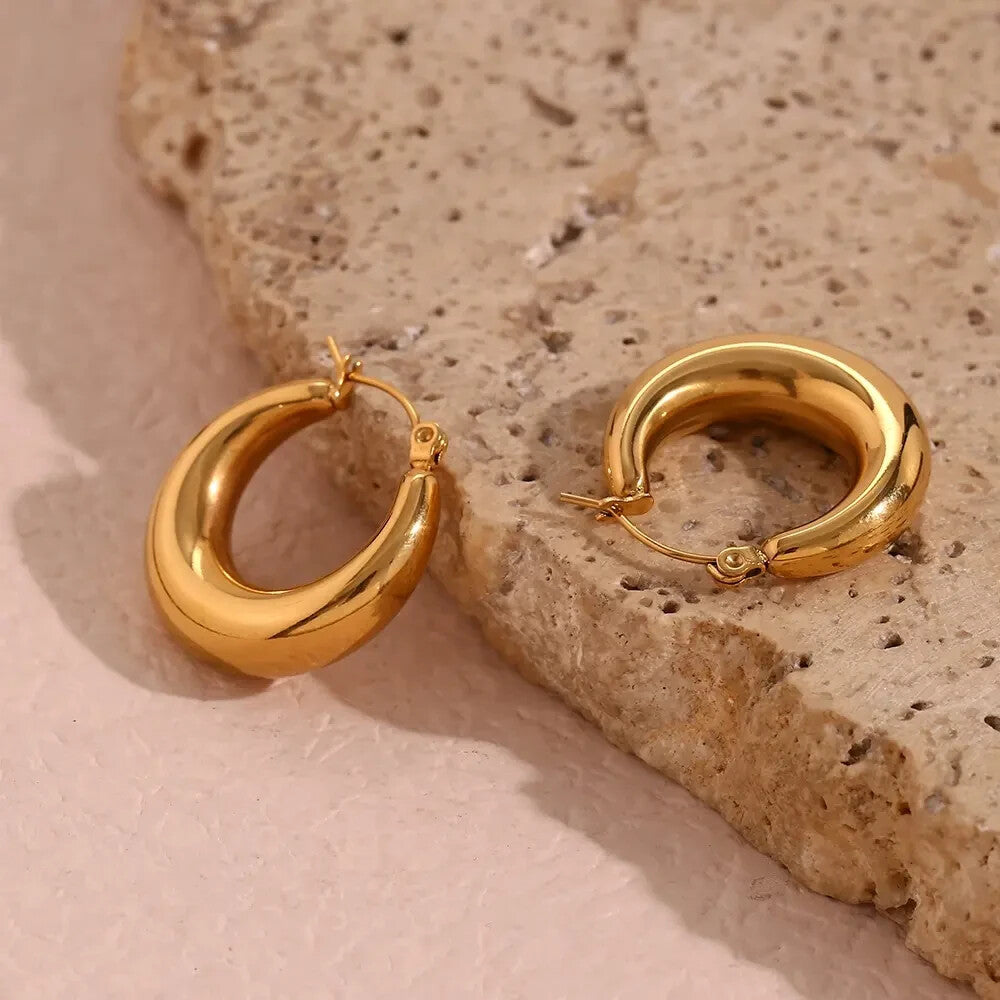18K Gold Plated Stainless Steel Classic Smooth Thick Hoop Earrings for Women2