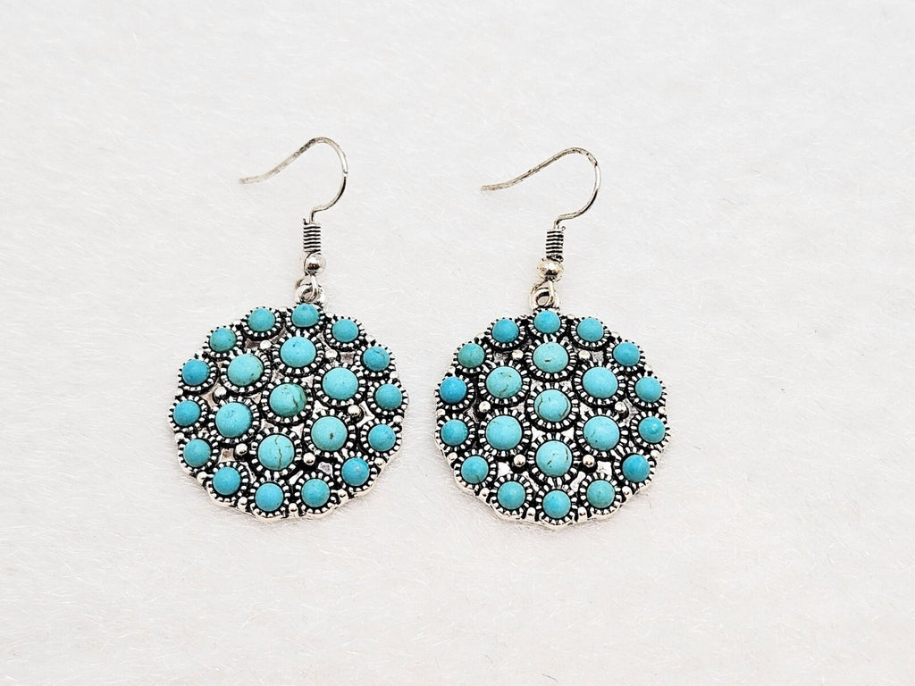 Silver Plated Vintage Turquoise Concho Drop Earrings, Unique Jewelry for Women2
